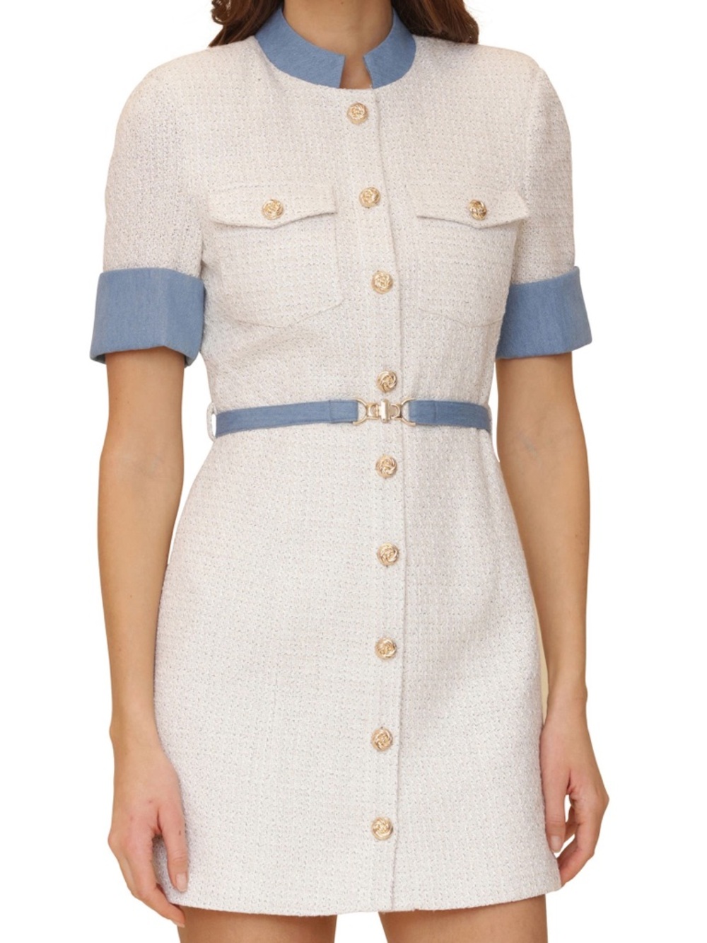 Avec Les Filles Cream Tweed Mini Dress with Blue Trim and Gold Buttons